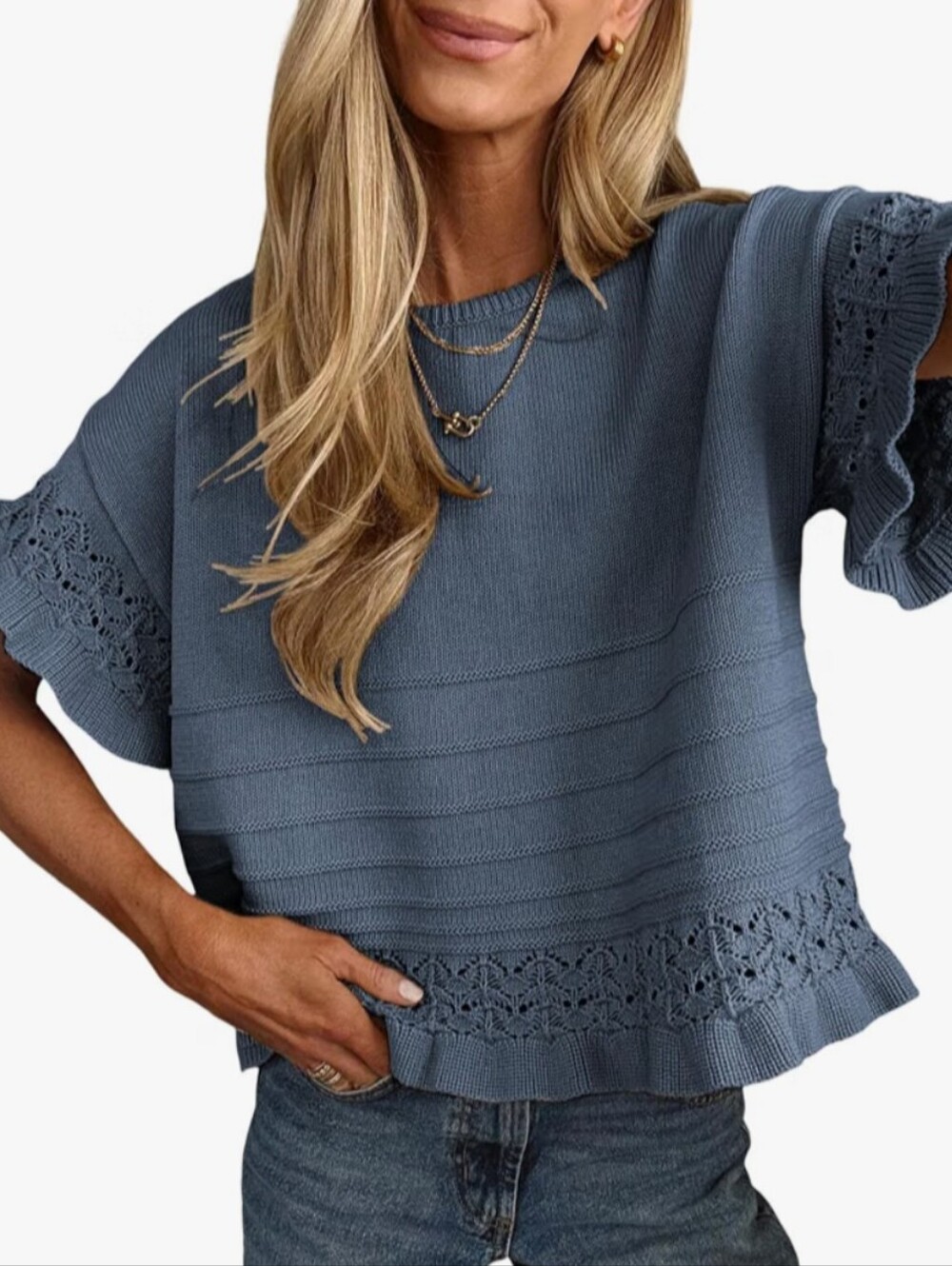 Women's Blue Boho knit Top w/ Flare Short Sleeves size M BNWT